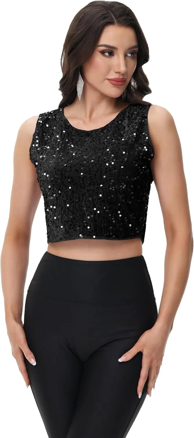 Anna-Kaci Women's Sequin Sleeveless Tops Sparkle Glitter Crew Neck Club Party Nightout Crop Tank Top