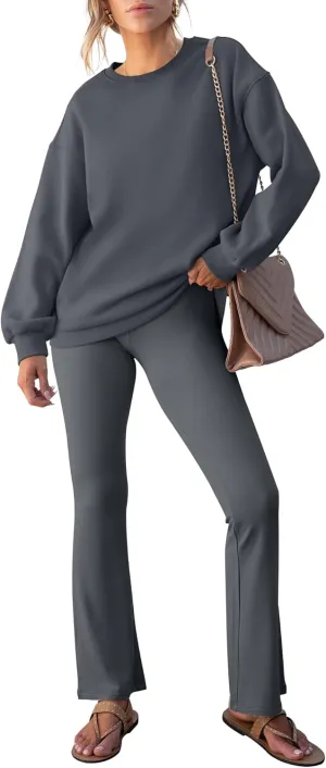 ANRABESS Women 2 Piece Sweatsuits Lounge Set Oversized Fleece Crewneck Sweatshirts Flare Pants 2025 Fall Outfits Clothes