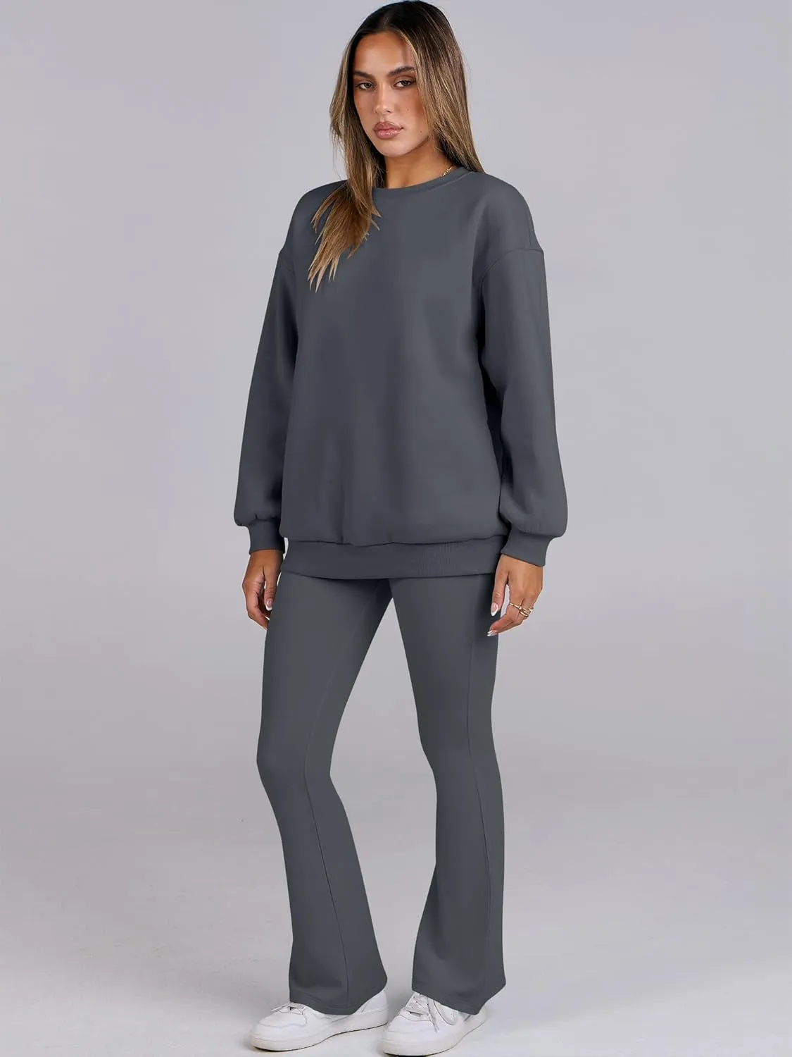 ANRABESS Women 2 Piece Sweatsuits Lounge Set Oversized Fleece Crewneck Sweatshirts Flare Pants 2025 Fall Outfits Clothes