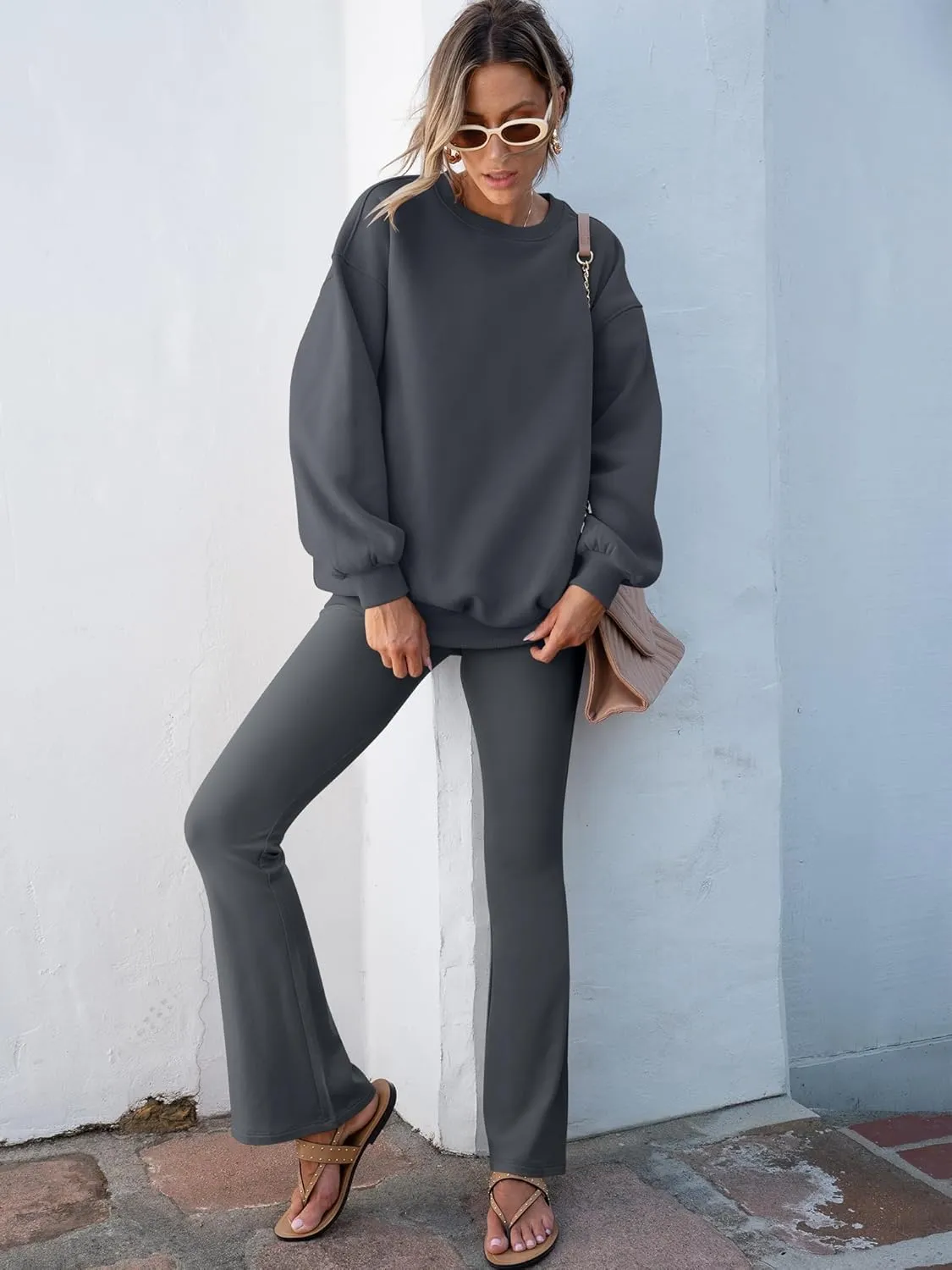ANRABESS Women 2 Piece Sweatsuits Lounge Set Oversized Fleece Crewneck Sweatshirts Flare Pants 2025 Fall Outfits Clothes