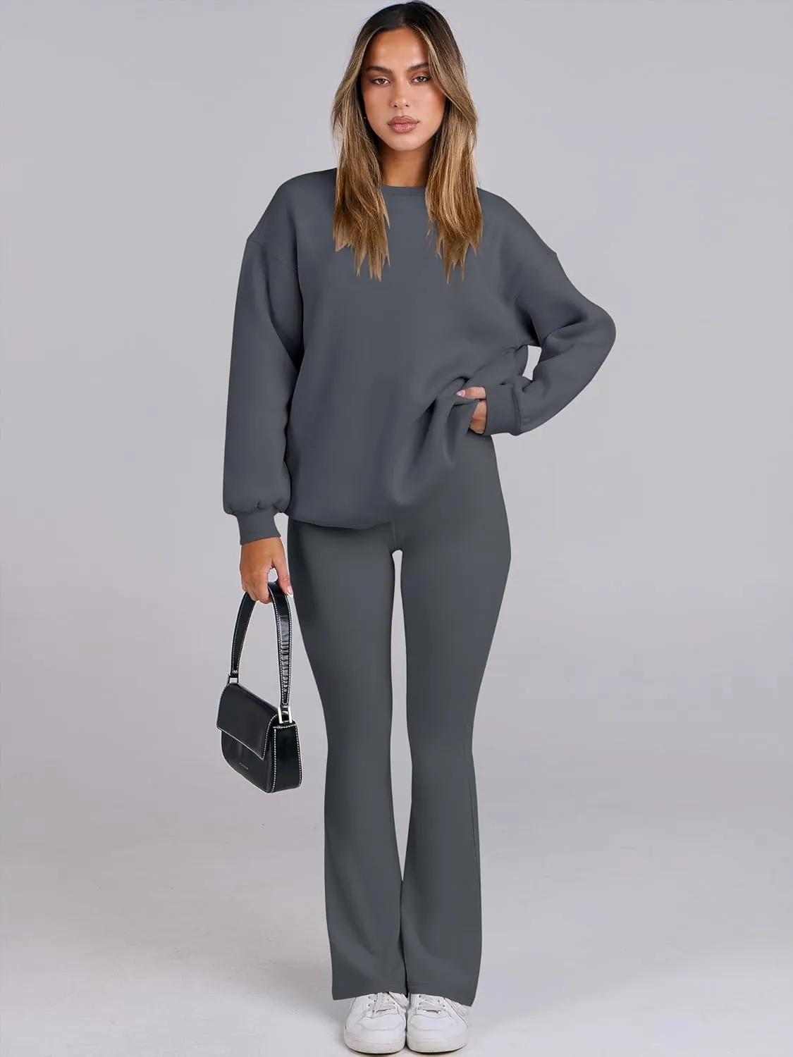 ANRABESS Women 2 Piece Sweatsuits Lounge Set Oversized Fleece Crewneck Sweatshirts Flare Pants 2025 Fall Outfits Clothes