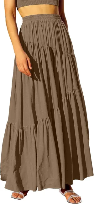 ANRABESS Womens Boho Elastic High Waist Pleated A-Line Flowy Swing Asymmetric Tiered Maxi Long Skirt Dress with Pockets
