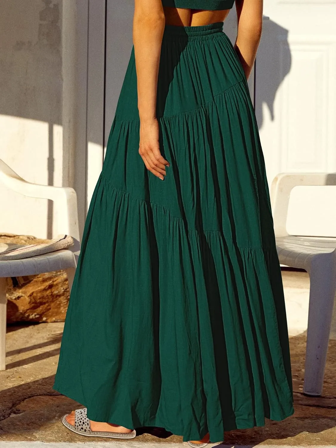 ANRABESS Womens Boho Elastic High Waist Pleated A-Line Flowy Swing Asymmetric Tiered Maxi Long Skirt Dress with Pockets