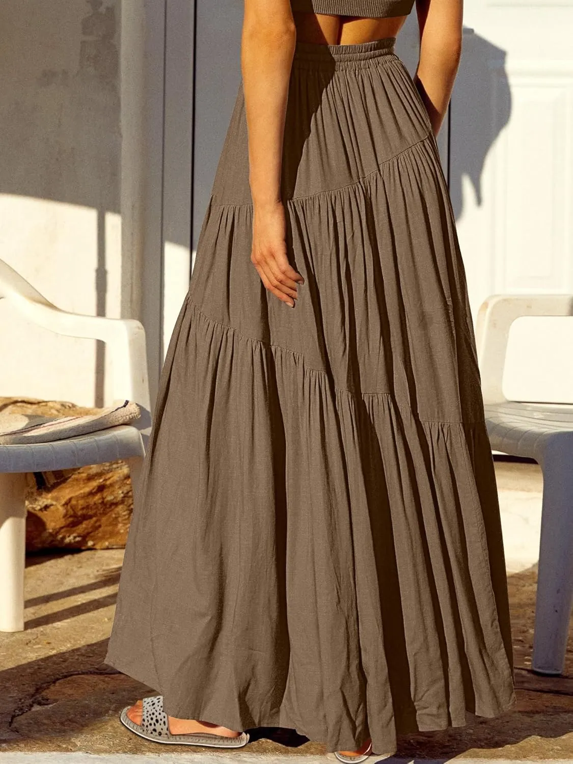 ANRABESS Womens Boho Elastic High Waist Pleated A-Line Flowy Swing Asymmetric Tiered Maxi Long Skirt Dress with Pockets