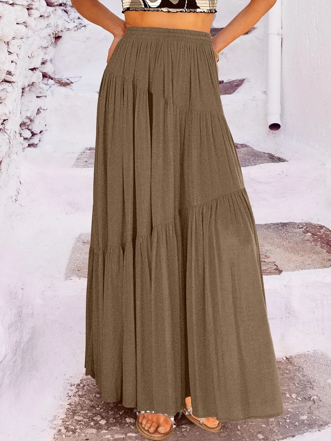 ANRABESS Womens Boho Elastic High Waist Pleated A-Line Flowy Swing Asymmetric Tiered Maxi Long Skirt Dress with Pockets
