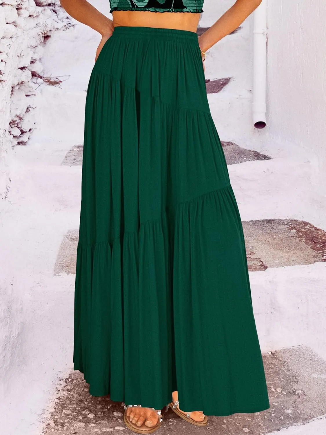 ANRABESS Womens Boho Elastic High Waist Pleated A-Line Flowy Swing Asymmetric Tiered Maxi Long Skirt Dress with Pockets