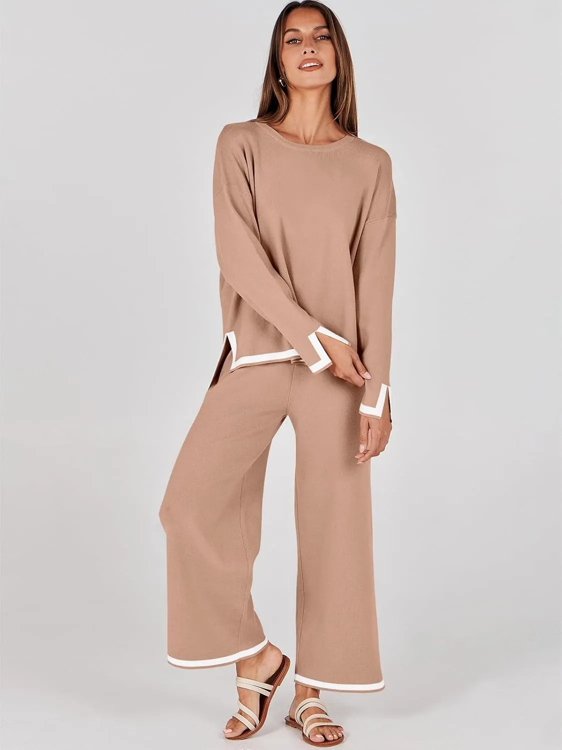 ANRABESS Women's Two Piece Outfits Knit Pullover Sweater Tops & Wide leg Pants Lounge Matching Sweatsuit Tracksuits Sets