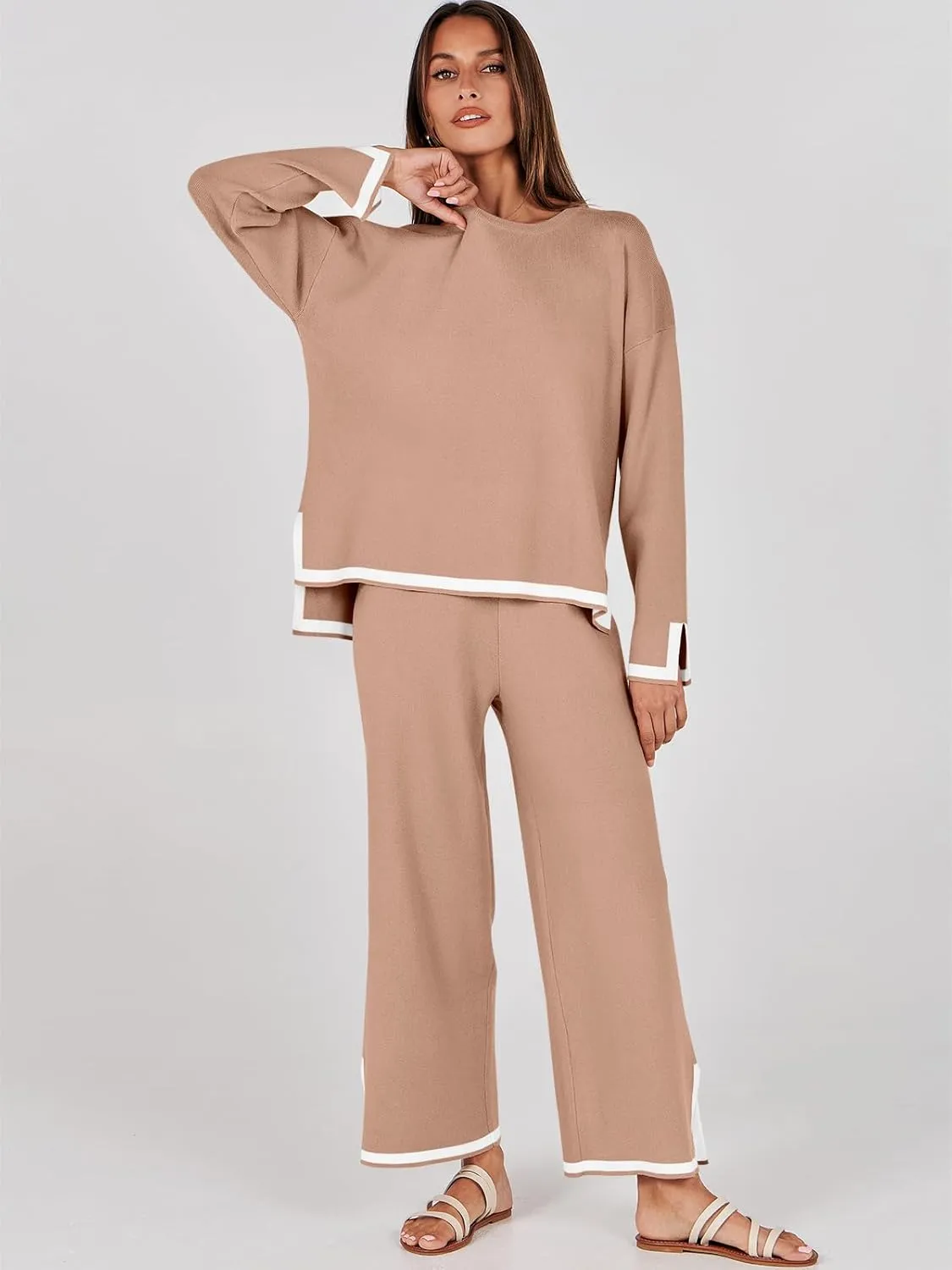 ANRABESS Women's Two Piece Outfits Knit Pullover Sweater Tops & Wide leg Pants Lounge Matching Sweatsuit Tracksuits Sets
