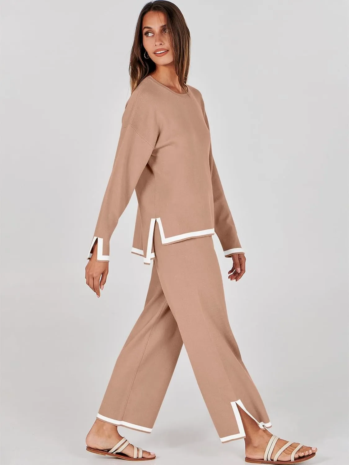 ANRABESS Women's Two Piece Outfits Knit Pullover Sweater Tops & Wide leg Pants Lounge Matching Sweatsuit Tracksuits Sets