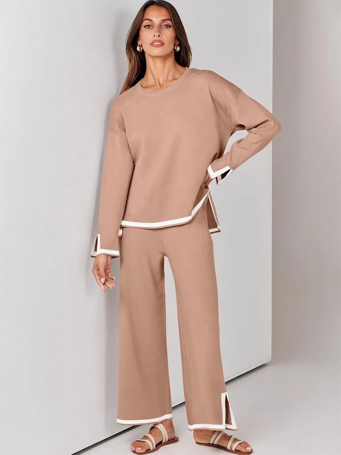 ANRABESS Women's Two Piece Outfits Knit Pullover Sweater Tops & Wide leg Pants Lounge Matching Sweatsuit Tracksuits Sets