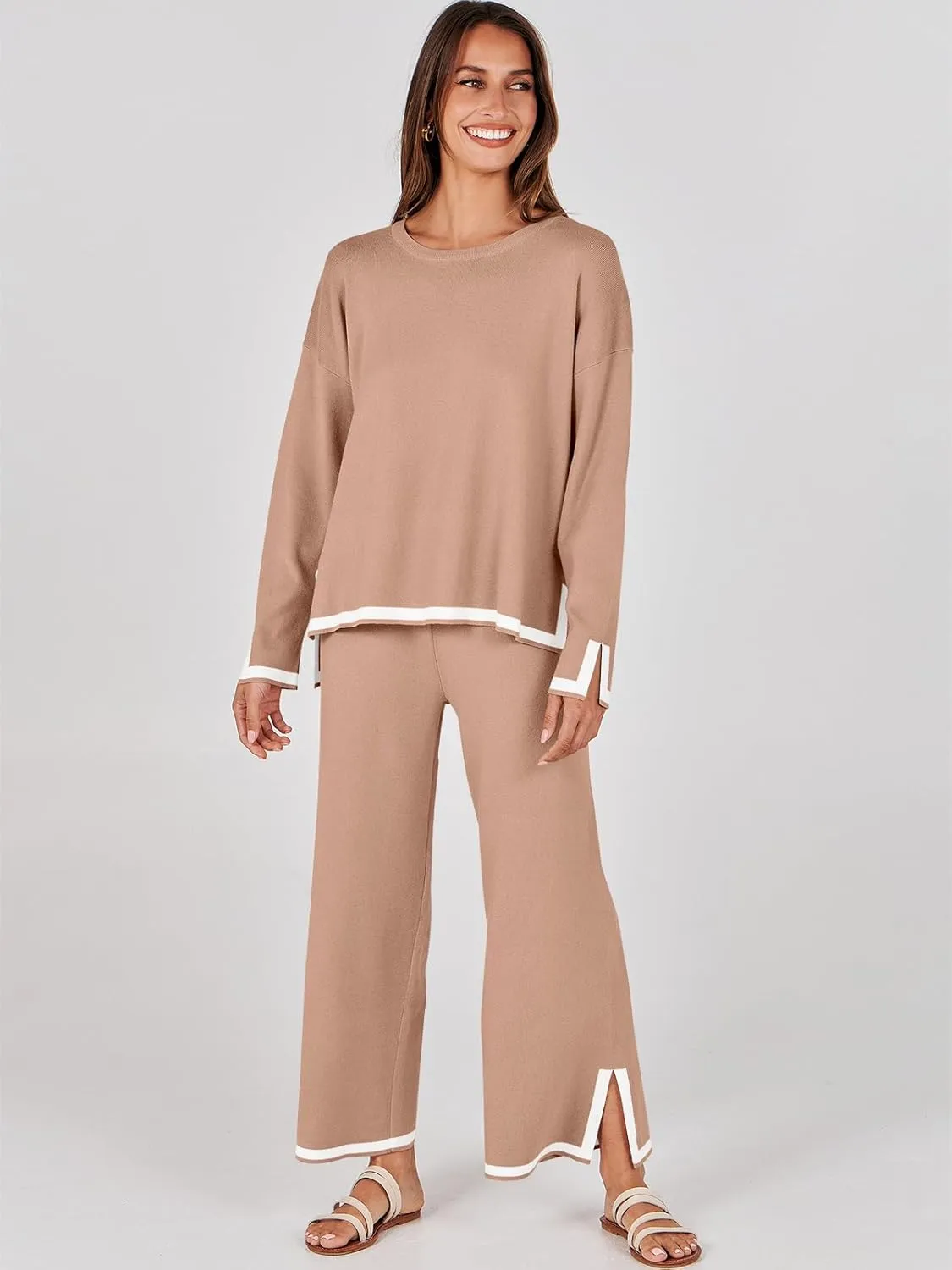 ANRABESS Women's Two Piece Outfits Knit Pullover Sweater Tops & Wide leg Pants Lounge Matching Sweatsuit Tracksuits Sets
