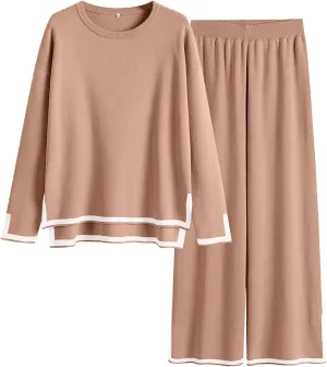 ANRABESS Women's Two Piece Outfits Knit Pullover Sweater Tops & Wide leg Pants Lounge Matching Sweatsuit Tracksuits Sets