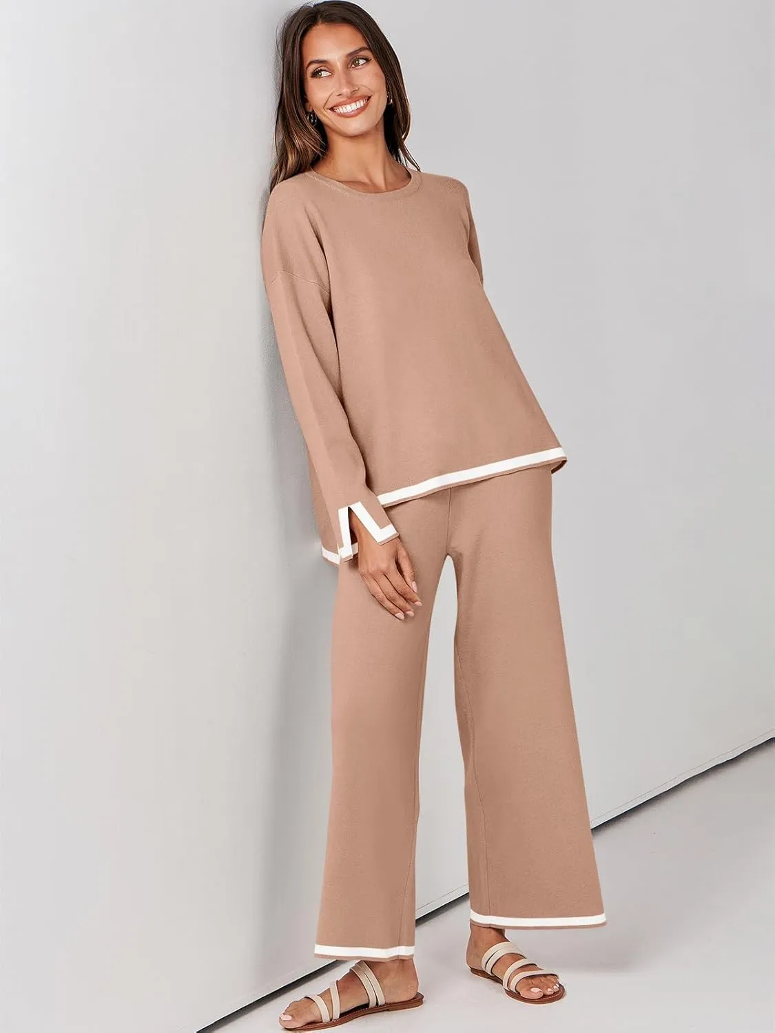 ANRABESS Women's Two Piece Outfits Knit Pullover Sweater Tops & Wide leg Pants Lounge Matching Sweatsuit Tracksuits Sets