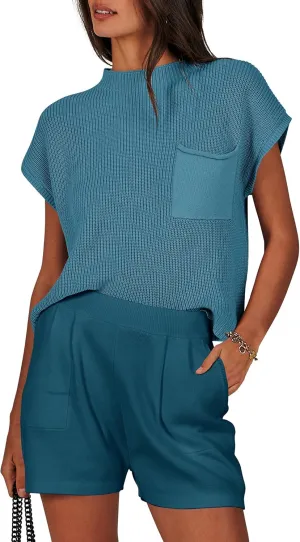 ANRABESS Women's Two Piece Summer Outfits Knit Sweater Short Sets Pullover Tops & Shorts Lounge Matching Clothes Set