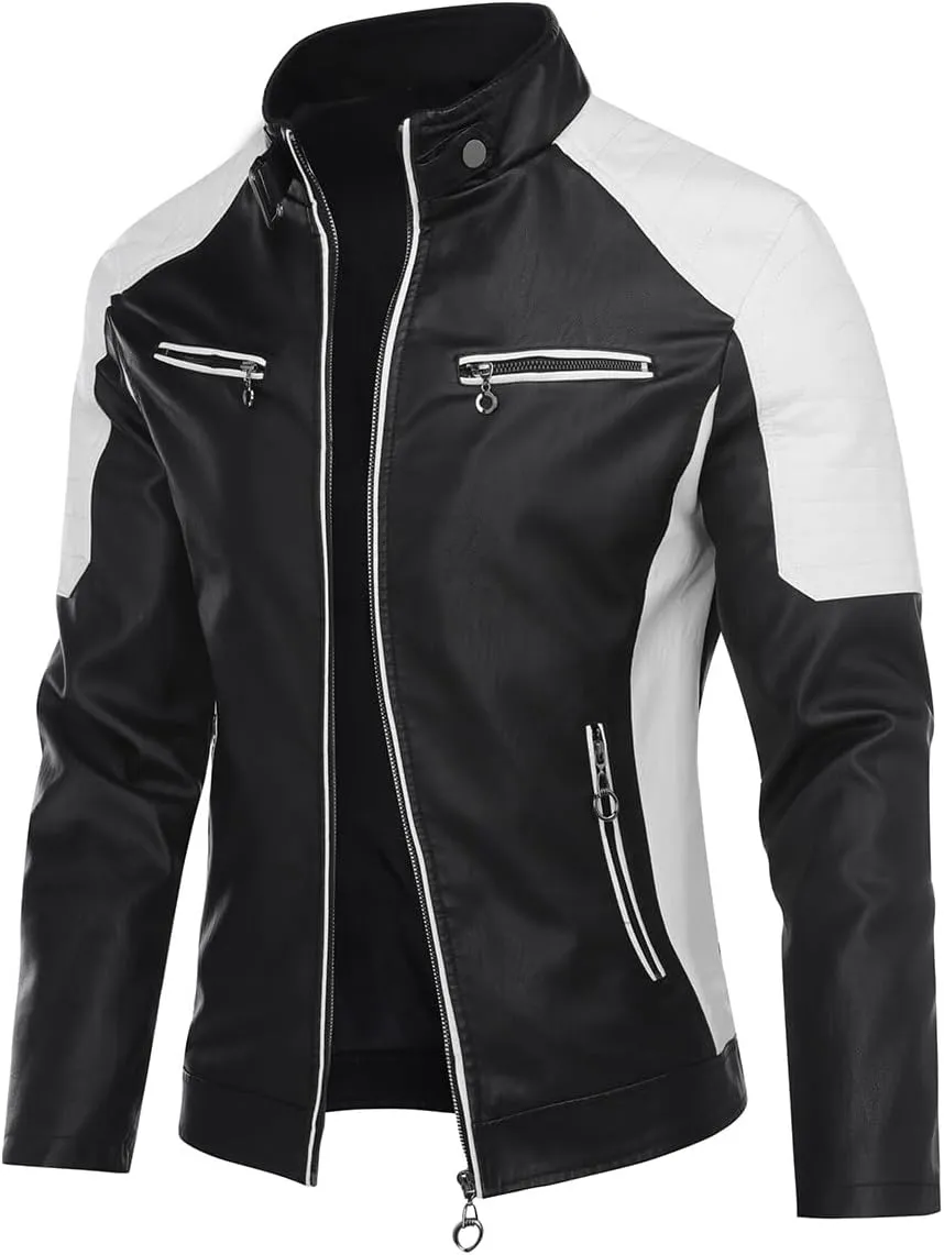 AOWOFS Men's PU Faux Leather Jacket White Black Moto Bomber Fashion Slim Fit Coat
