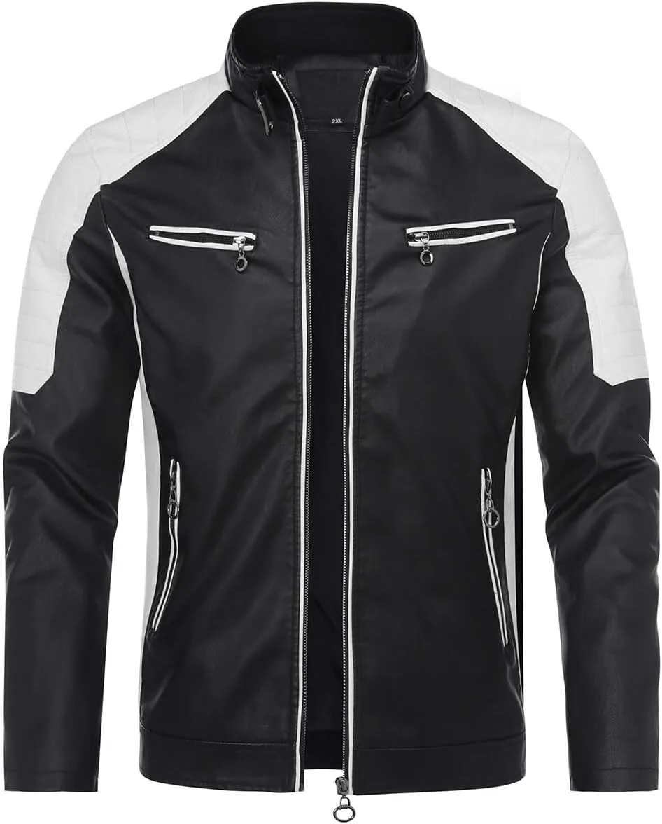 AOWOFS Men's PU Faux Leather Jacket White Black Moto Bomber Fashion Slim Fit Coat