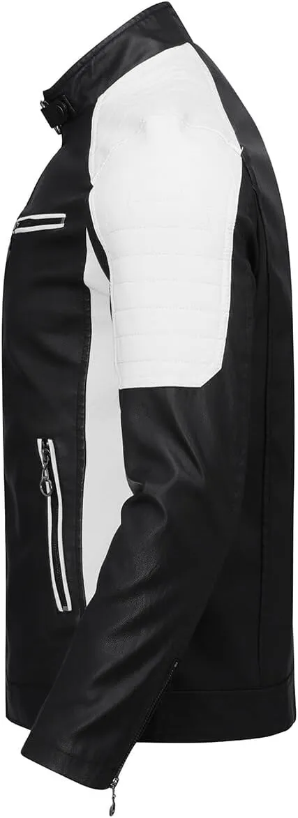 AOWOFS Men's PU Faux Leather Jacket White Black Moto Bomber Fashion Slim Fit Coat