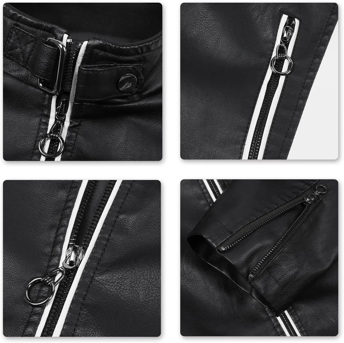 AOWOFS Men's PU Faux Leather Jacket White Black Moto Bomber Fashion Slim Fit Coat