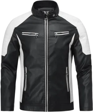 AOWOFS Men's PU Faux Leather Jacket White Black Moto Bomber Fashion Slim Fit Coat