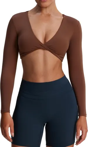 Aoxjox Long Sleeve Crop Tops for Women Sienna Twist Deep V Workout Cropped T Shirt Top