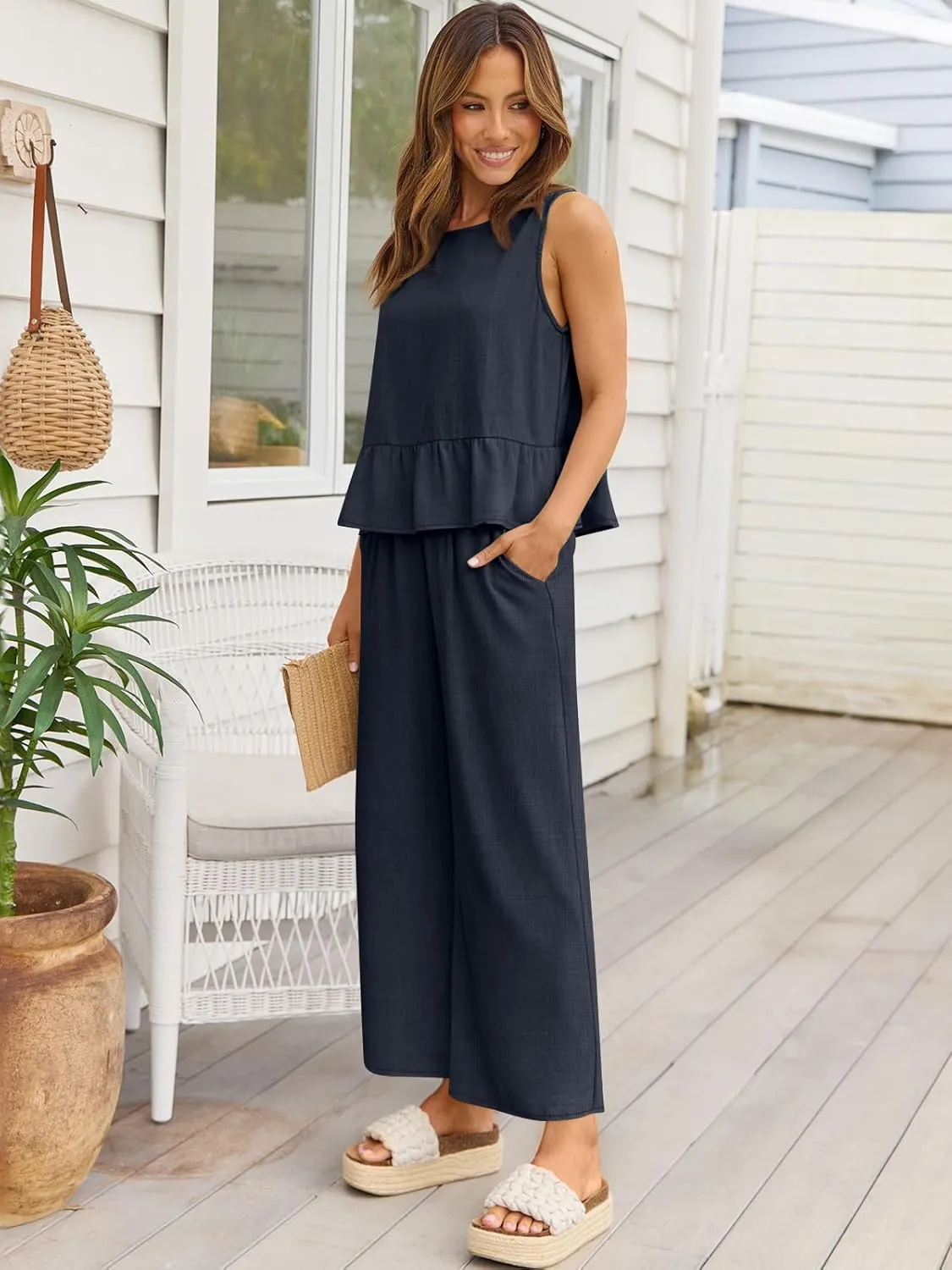 AUTOMET Womens Summer 2 Piece Outfits Linen Crop Tank Tops Lounge Matching Sets & Long Track Pants Tracksuits 2025
