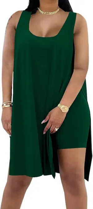 AXOSY Women's Plus Size 2 Piece Outfits Sleeveless Tunic Tops and Bodycon Biker Shorts Sets Tracksuits
