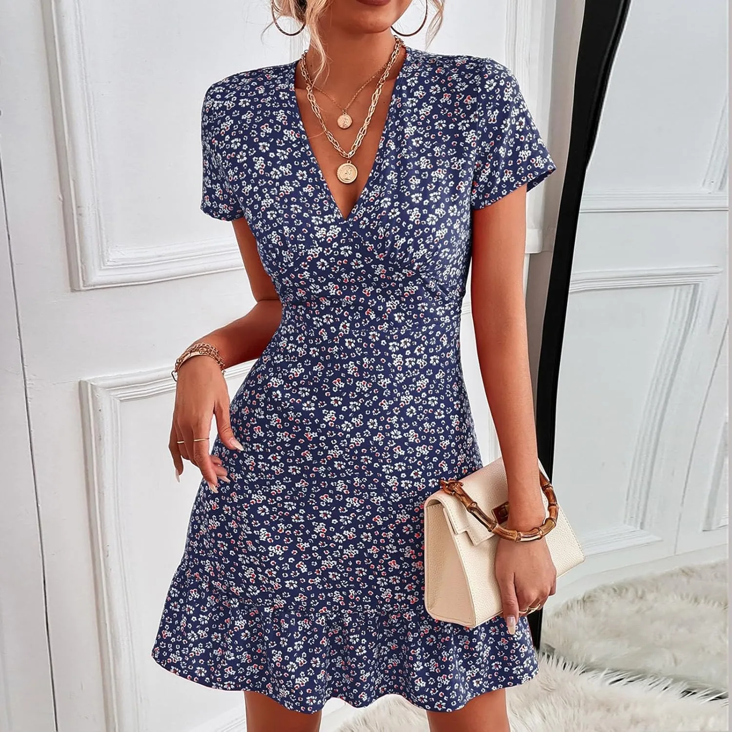Beach Dresses for Women,2024 Summer Trendy Floral Hawaiian Dress,Elegant V Neck Short Sleeve Flowy Boho Midi Dress