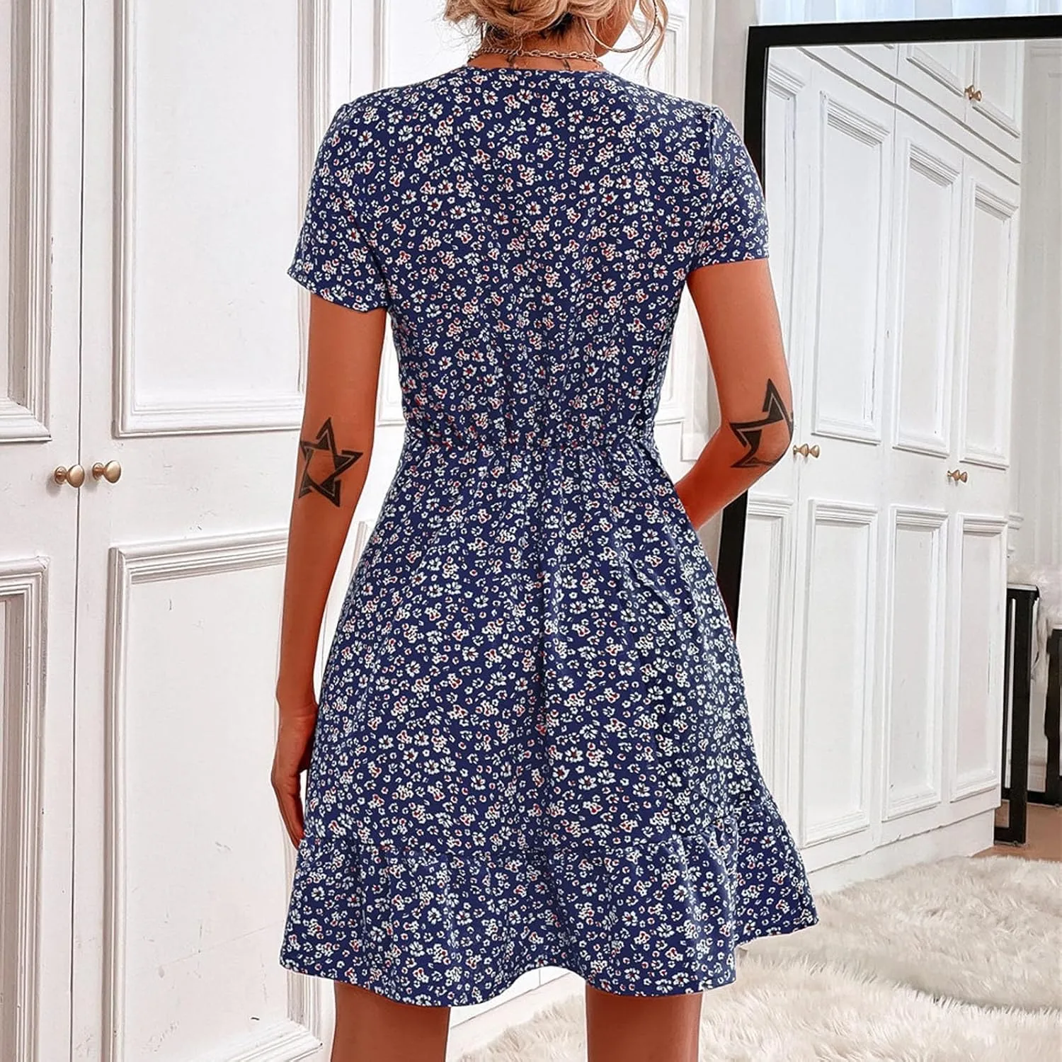 Beach Dresses for Women,2024 Summer Trendy Floral Hawaiian Dress,Elegant V Neck Short Sleeve Flowy Boho Midi Dress