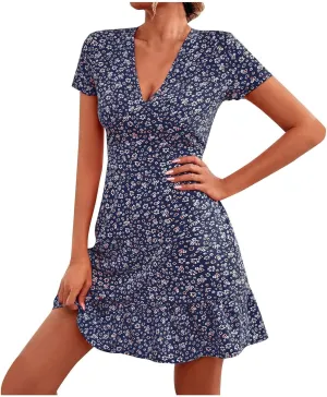 Beach Dresses for Women,2024 Summer Trendy Floral Hawaiian Dress,Elegant V Neck Short Sleeve Flowy Boho Midi Dress