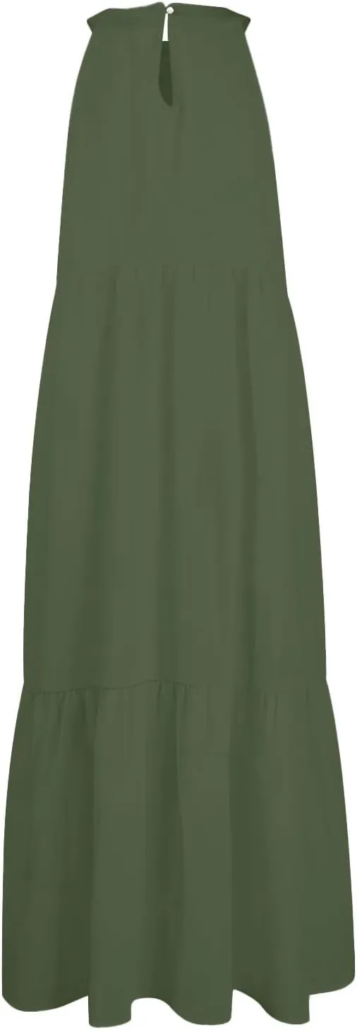 Beach Dresses for Women,2025 Summer Trendy Sleeveless Halter A Line Sundress,Flowy Pleated Tiered Swing Boho Dress