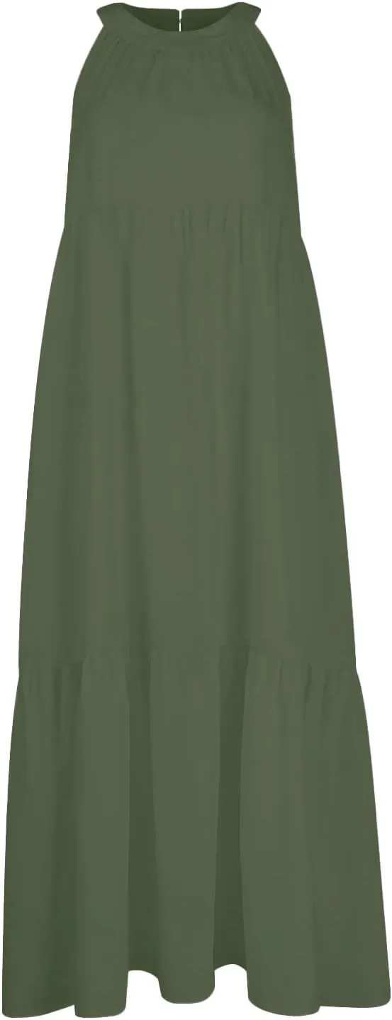 Beach Dresses for Women,2025 Summer Trendy Sleeveless Halter A Line Sundress,Flowy Pleated Tiered Swing Boho Dress
