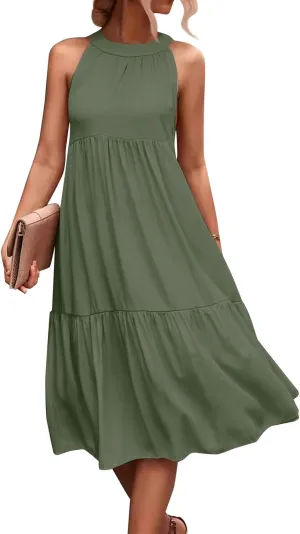 Beach Dresses for Women,2025 Summer Trendy Sleeveless Halter A Line Sundress,Flowy Pleated Tiered Swing Boho Dress