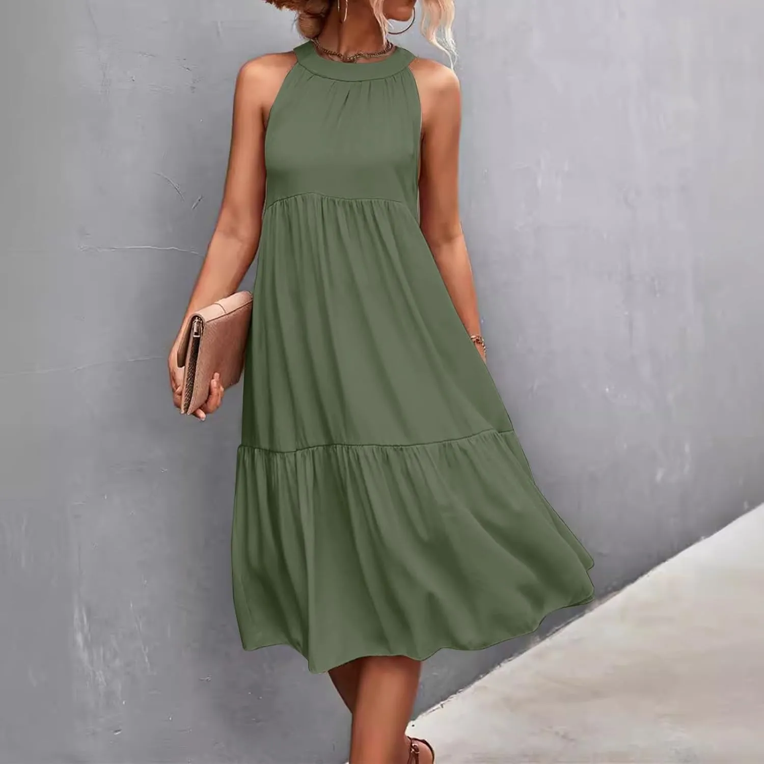 Beach Dresses for Women,2025 Summer Trendy Sleeveless Halter A Line Sundress,Flowy Pleated Tiered Swing Boho Dress