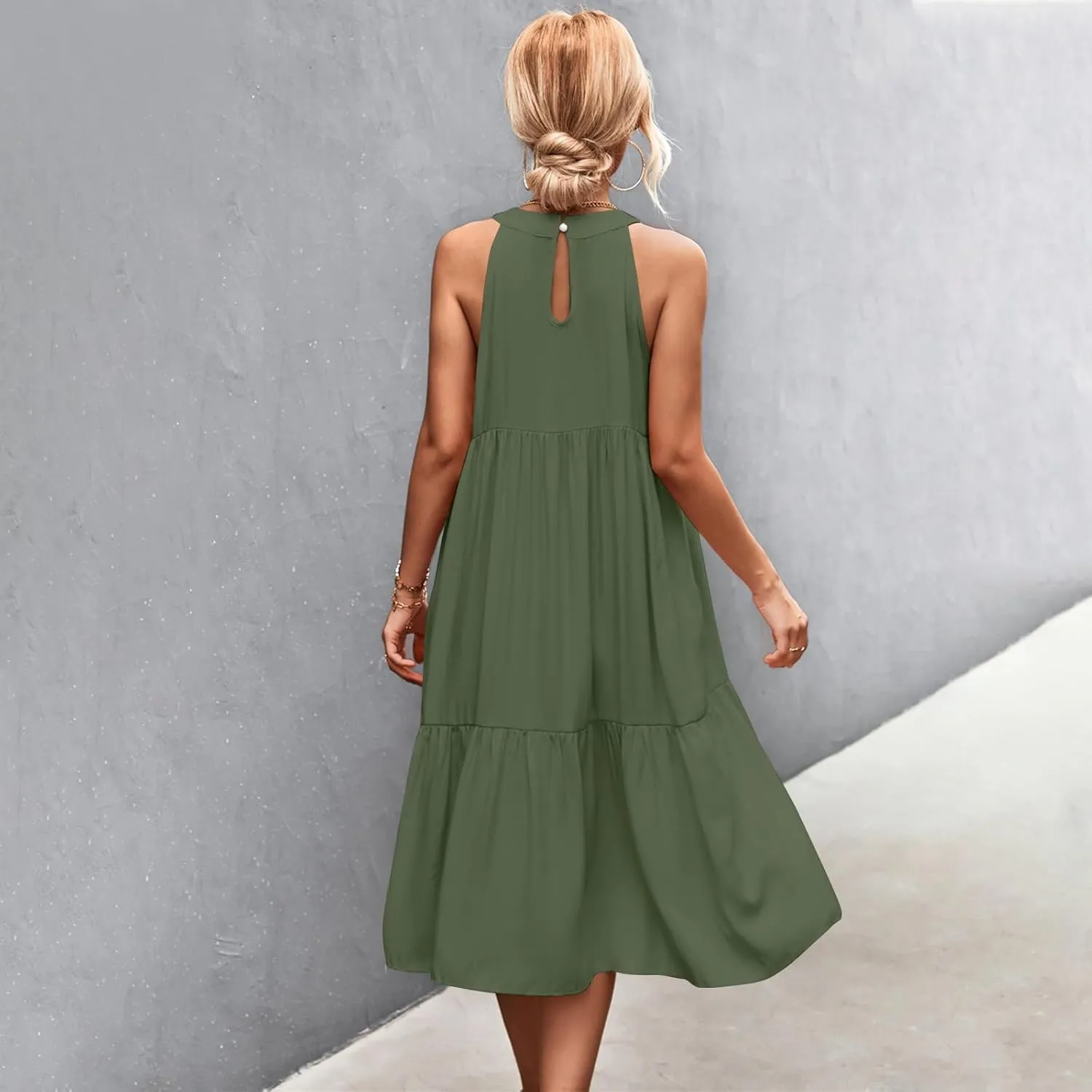 Beach Dresses for Women,2025 Summer Trendy Sleeveless Halter A Line Sundress,Flowy Pleated Tiered Swing Boho Dress