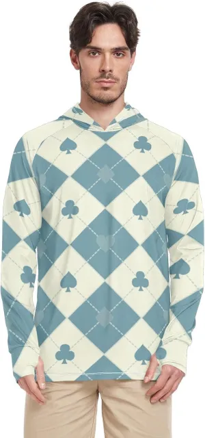 Blue Beige Poker Men's Sun Shirt Hoodie Long Sleeve Sun Shirt with Hood UPF 50  Quick Dry UV Rash Guard Hooded Sun Proof Shirts Camisas para trabajar en el sol