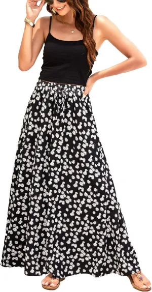 Bluetime Women Flowy Long Skirts Summer Beach Pleated Elastic High Waisted Casual Maxi Skirts