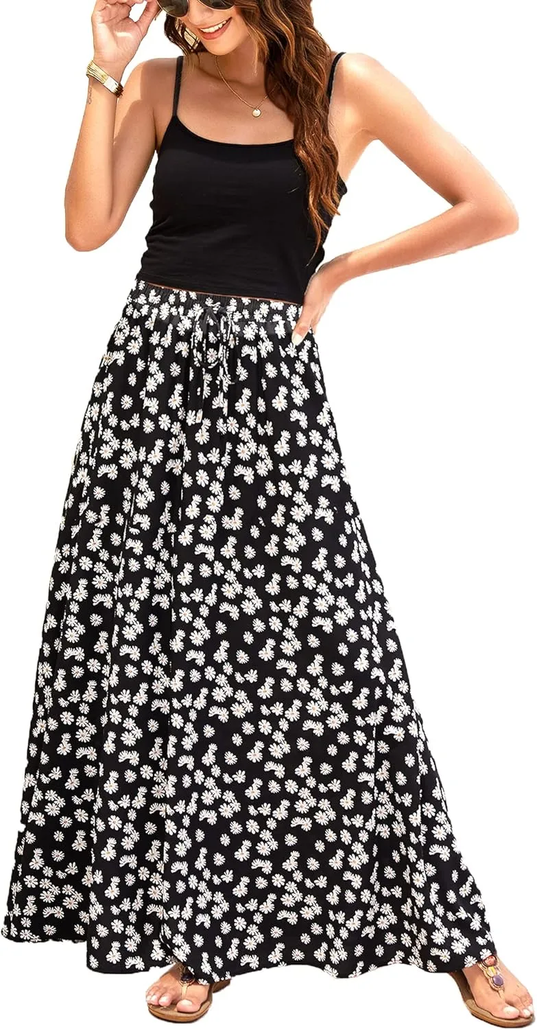 Bluetime Women Flowy Long Skirts Summer Beach Pleated Elastic High Waisted Casual Maxi Skirts