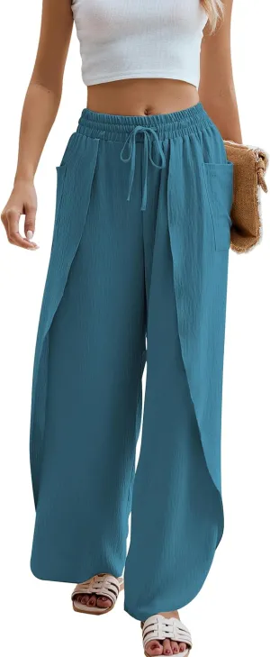 BMJL Womens Wide Leg Summer Pants Flowy Side Split Palazzo Beach Pants Boho High Waisted Trousers