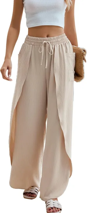 BMJL Womens Wide Leg Summer Pants Flowy Side Split Palazzo Beach Pants Boho High Waisted Trousers