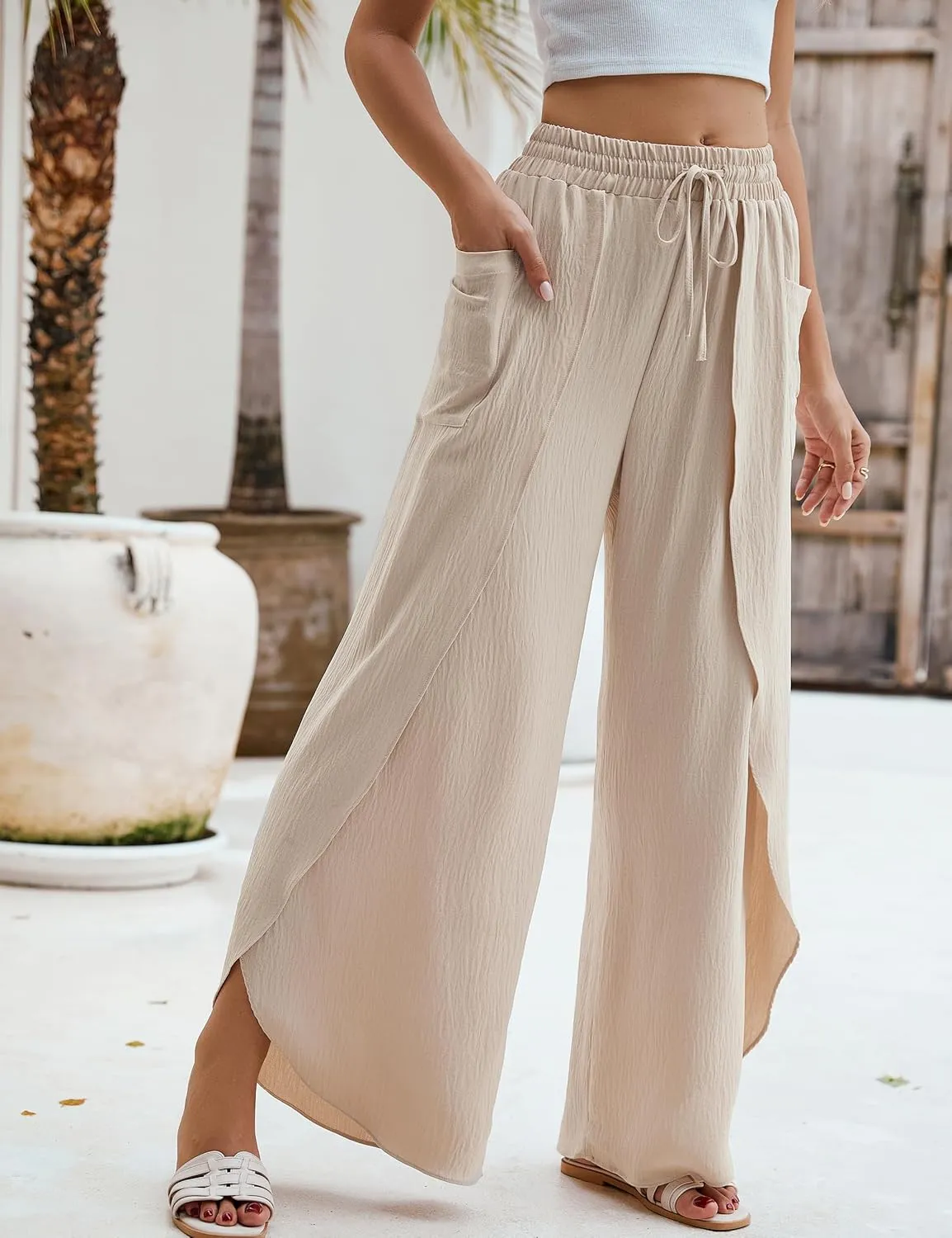 BMJL Womens Wide Leg Summer Pants Flowy Side Split Palazzo Beach Pants Boho High Waisted Trousers