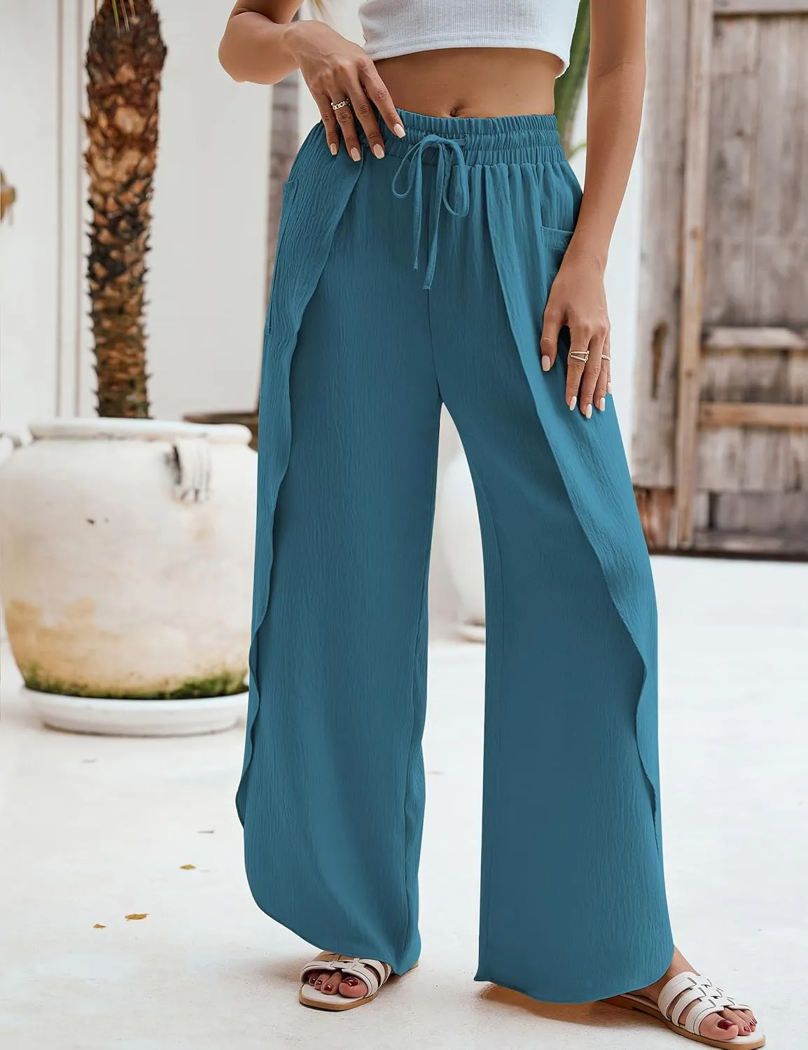 BMJL Womens Wide Leg Summer Pants Flowy Side Split Palazzo Beach Pants Boho High Waisted Trousers