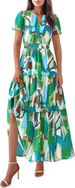 Boho Dresses for Women,2025 Summer Trendy Floral Beach Vacation Dress,Elegant V Neck Cap Sleeve Flowy Midi Dress