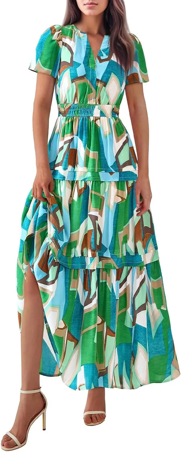 Boho Dresses for Women,2025 Summer Trendy Floral Beach Vacation Dress,Elegant V Neck Cap Sleeve Flowy Midi Dress