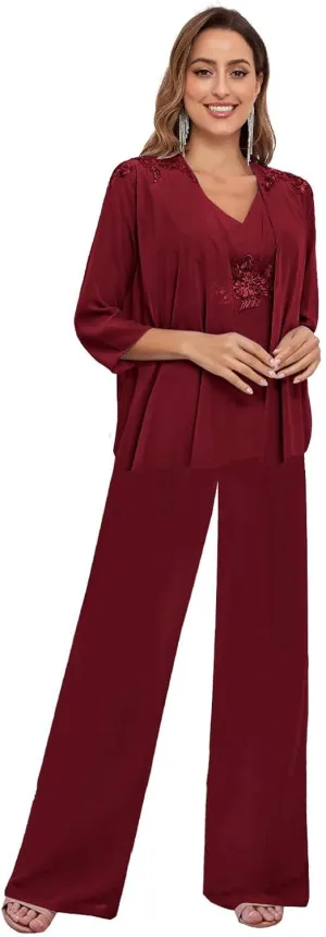 BONOYUER 3 Pieces Pant Suits for Women Dressy Wedding Lace V Neck Mother of The Bride Dresses with Jacket