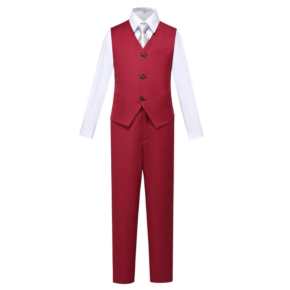 Burgundy Custom Fit Slim 4 Piece Boy's Formal Suits With Vest Pants Shirt Tie