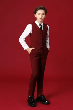 Burgundy Custom Fit Slim 4 Piece Boy's Formal Suits With Vest Pants Shirt Tie