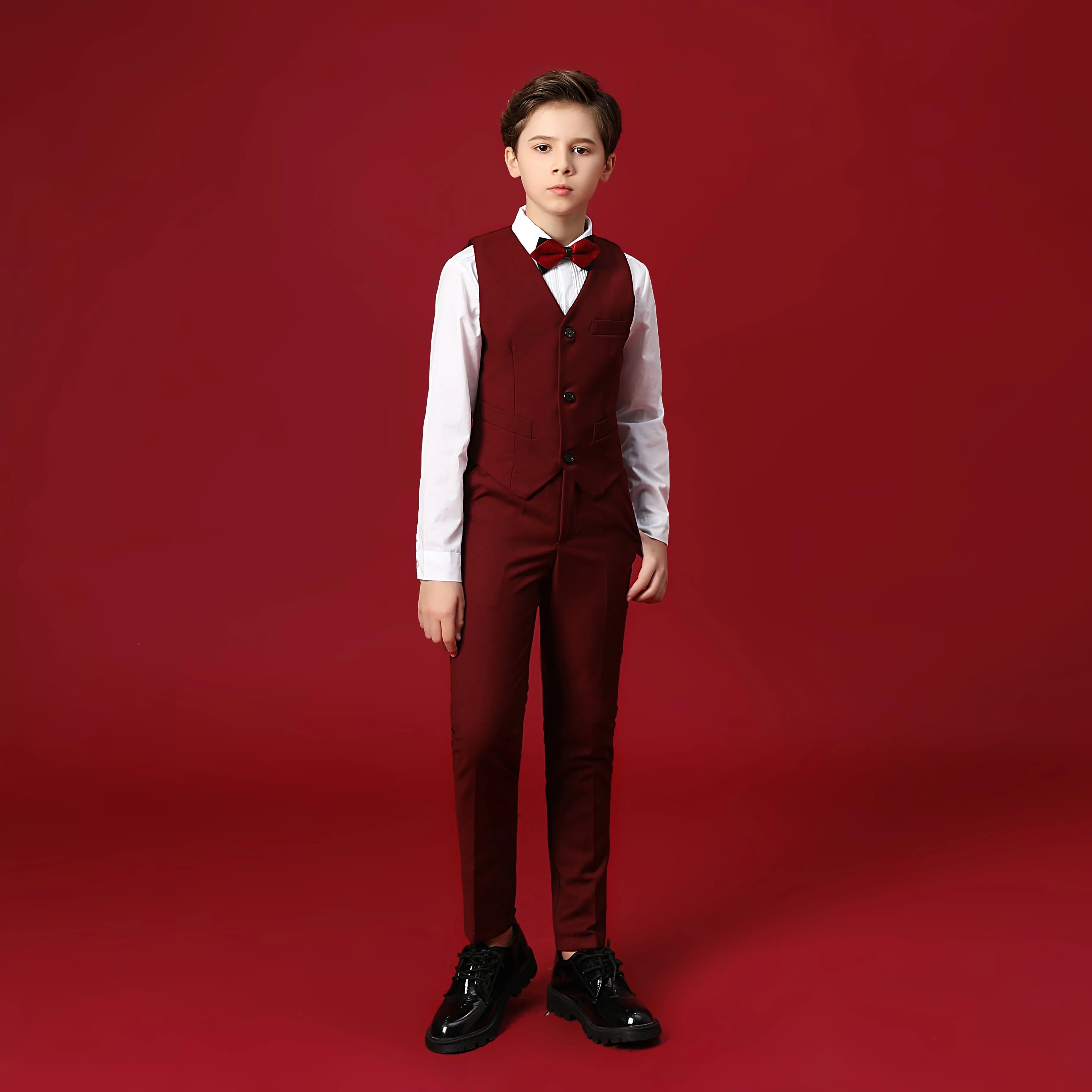 Burgundy Custom Fit Slim 4 Piece Boy's Formal Suits With Vest Pants Shirt Tie