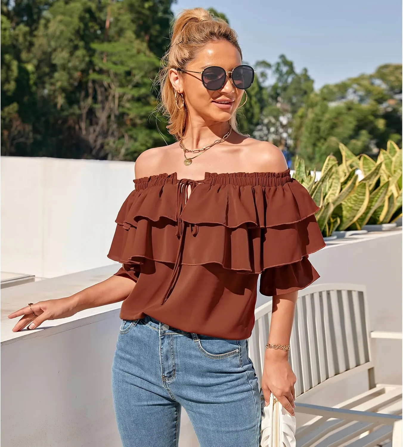 Byinns Women's Off Shoulder Ruffle Trendy Summer Fashion Long Sleeve Blouse Sexy Dressy Casual Outfits Layered Tops