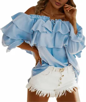 Byinns Women's Off Shoulder Ruffle Trendy Summer Fashion Long Sleeve Blouse Sexy Dressy Casual Outfits Layered Tops