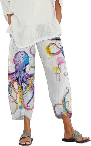 Capris Linen Pants for Women Ocean Japanese Art Printed Baggy Cropped Wide Leg Pallazzo Trousers Fish Pants for Beach